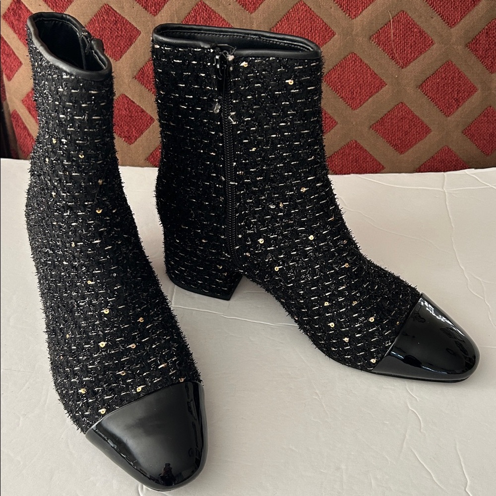Steve Madden Eiffel Black Tweed Ankle Booties, sparkle, low block heel size 7